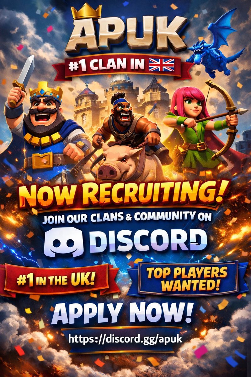 👑 APUK — #1 Clash Royale clan in the UK 🇬🇧

We’re recruiting active &amp; competitive players to join our clans and Discord community.

Think you’ve got what it takes?
👉 discord.gg/apuk

#ClashRoyale #UKGaming #CRCommunity #ClanRecruitment