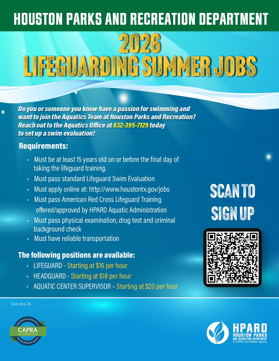 Know someone who loves the water and wants to be part of the Houston Parks and Recreation Aquatics team? Give us a call at 832-395-7129, scan the QR code, or use the link below to schedule a swim evaluation. Dive in and make a splash next summer. ➡ ayrs.io/I9UYpv