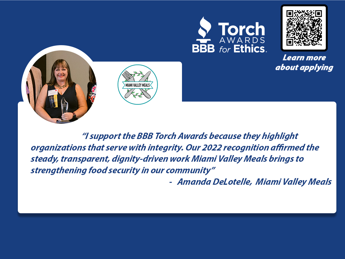 The Torch Awards honor the ethics, honesty and integrity of businesses and nonprofits in our marketplace.

Visit bbb.org/local/0322/tor… to learn more or nominate a business today. 

#BBBDayton #TorchAwardsForEthics