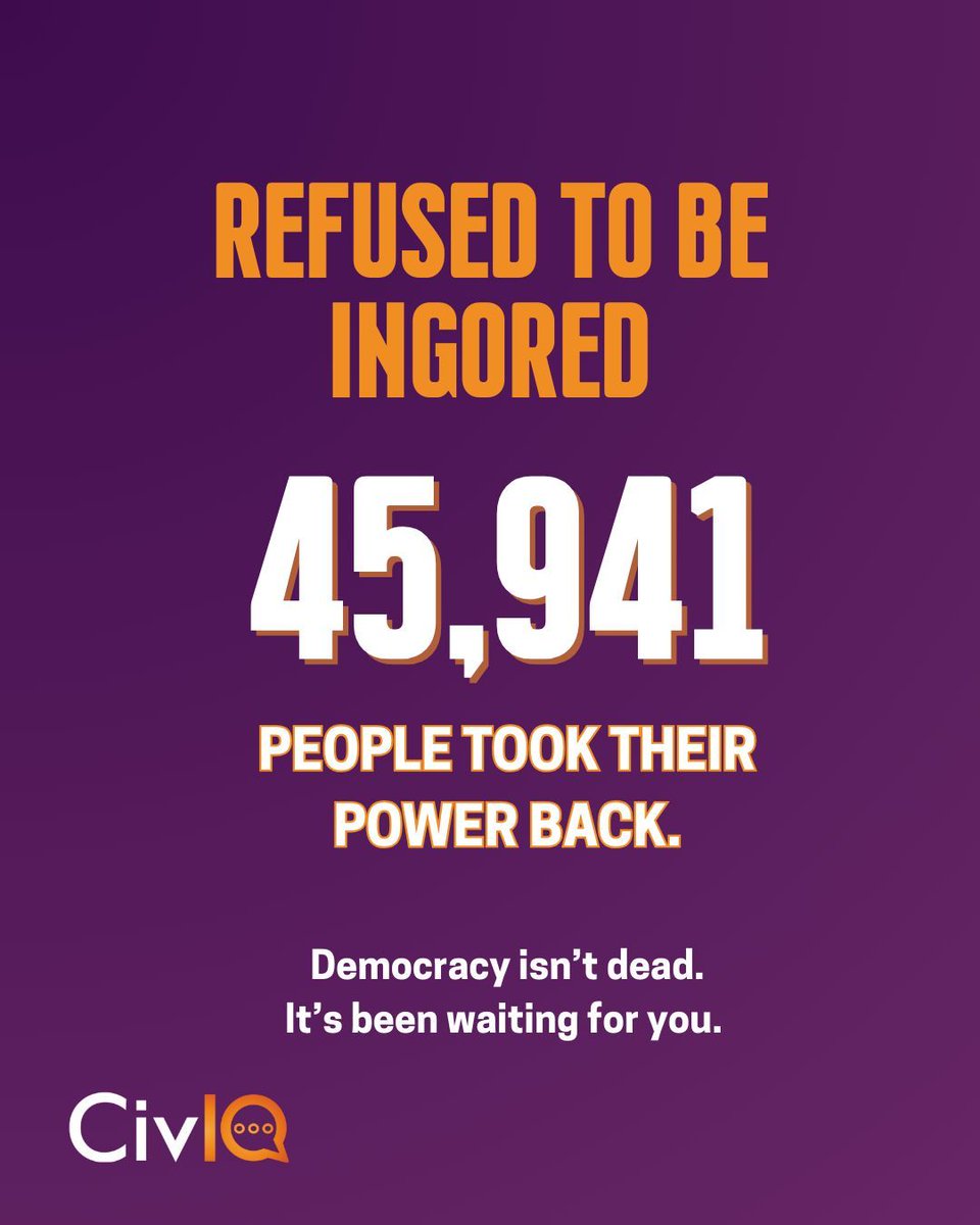 CivIQ_chat's tweet photo. 45,951 people in 2025 said "enough."

Enough being ignored.
Enough feeling powerless.
Enough accepting a broken system.

They took their power back.

Democracy isn't dead. It's been waiting for you.

#TakeAction #PeoplePower https://t.co/59zQlFoJoR