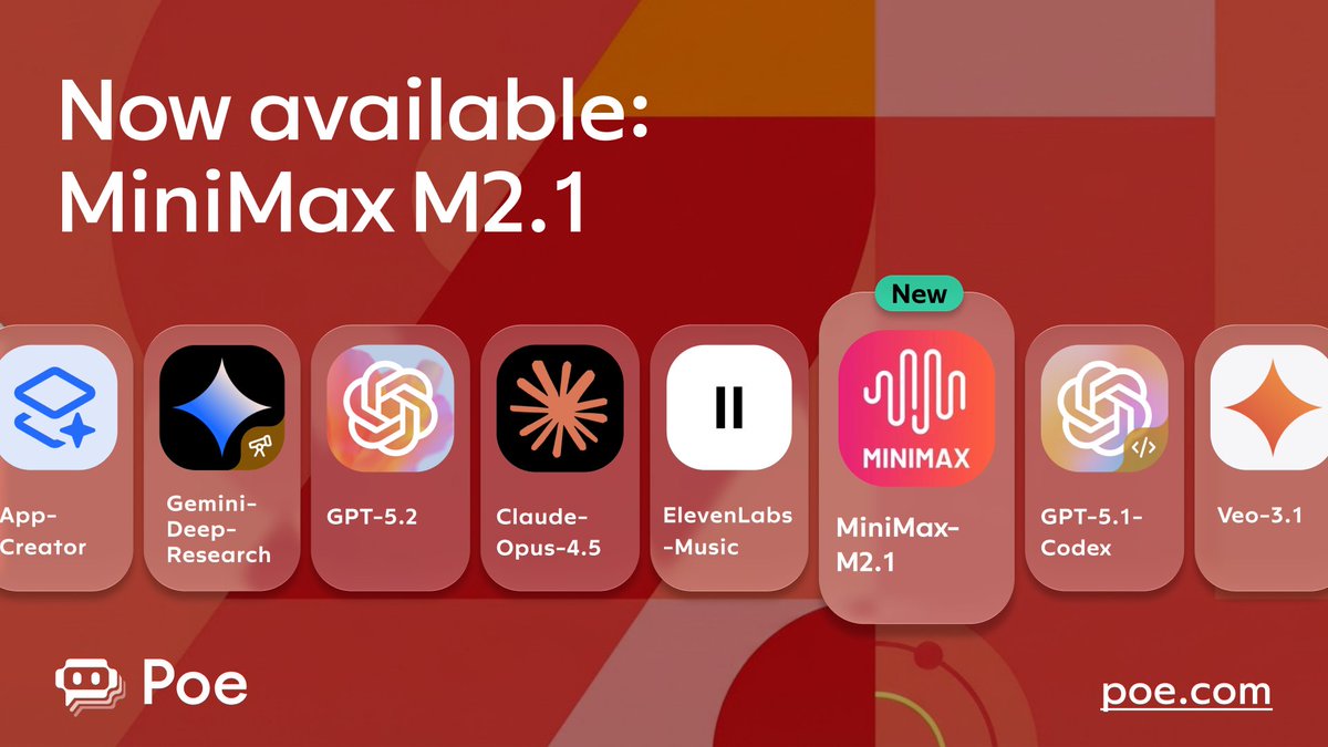Now on Poe: MiniMax M2.1 An agent-optimized model built for coding, tool  use, and long-horizon planning served via @novita_labs (1/2)