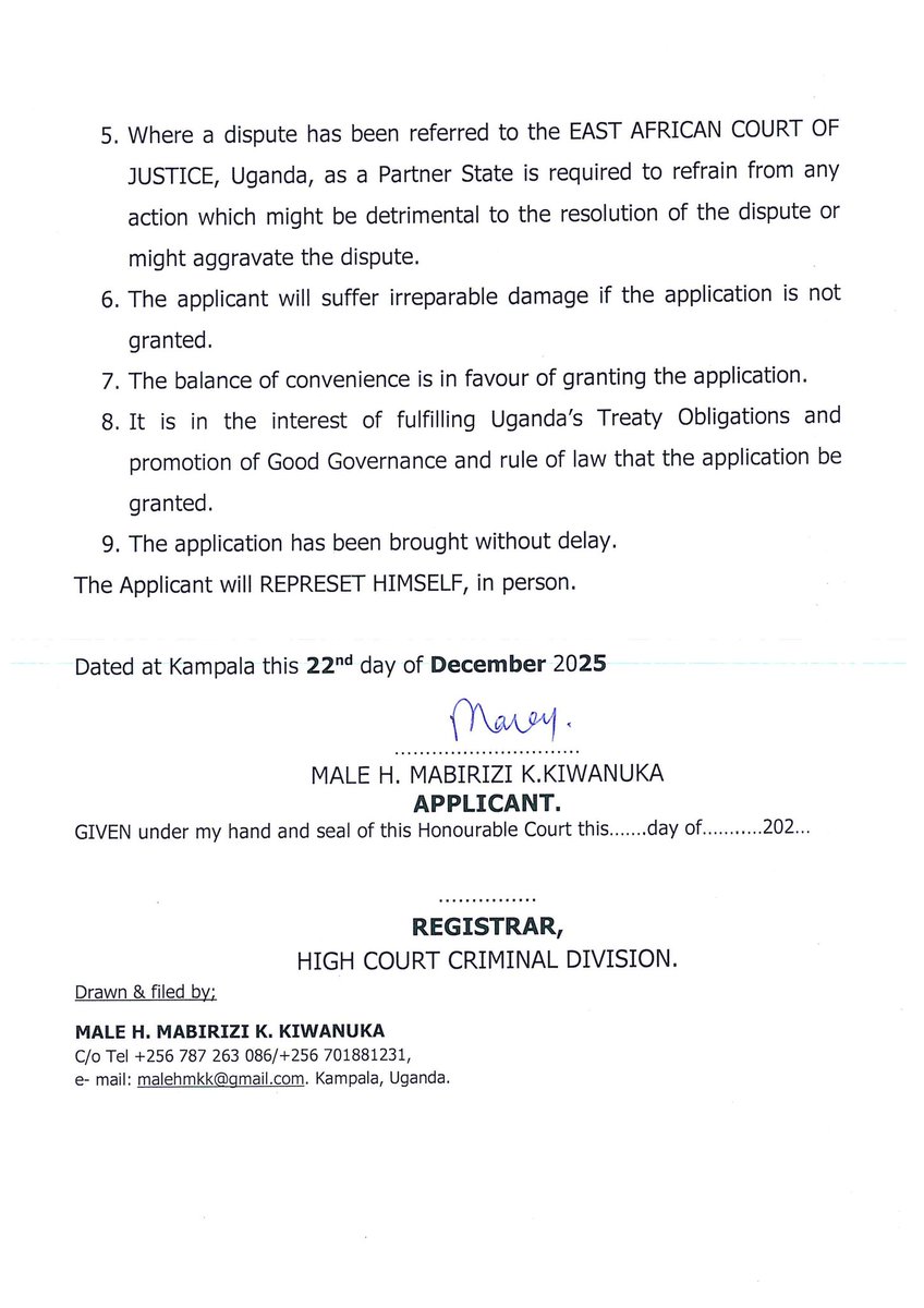 MaleMabiriziHKK's tweet photo. Today,26 Dec 2025, we have filed Criminal Application 832 of 2025 4 BAGUMA to stay &amp; NOT TO PROCEED with BESIGYE PLEA TAKING &amp;TRIAL until determination of EAST AFRICAN COURT Reference 63/24 against KENYA BESIGYE ABDUCTION. Rule of Law. Fundraising 0787263086. https://t.co/lATLYPxw46