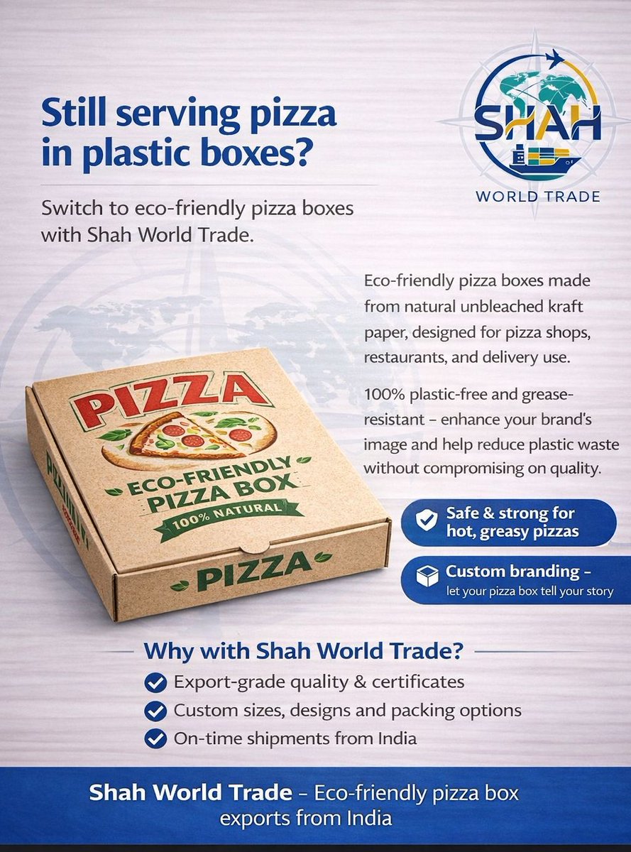 shahworldtrade's tweet image. Still serving pizza in plastic boxes?

Our eco‑friendly kraft pizza boxes keep your slices hot, your brand premium and your packaging plastic‑free.
#ShahWorldTrade
#pizzaboxpackaging
#ecofriendlypackaging
#sustainablepackaging
#compostablepackaging
#foodservicepackaging
#pizzabox