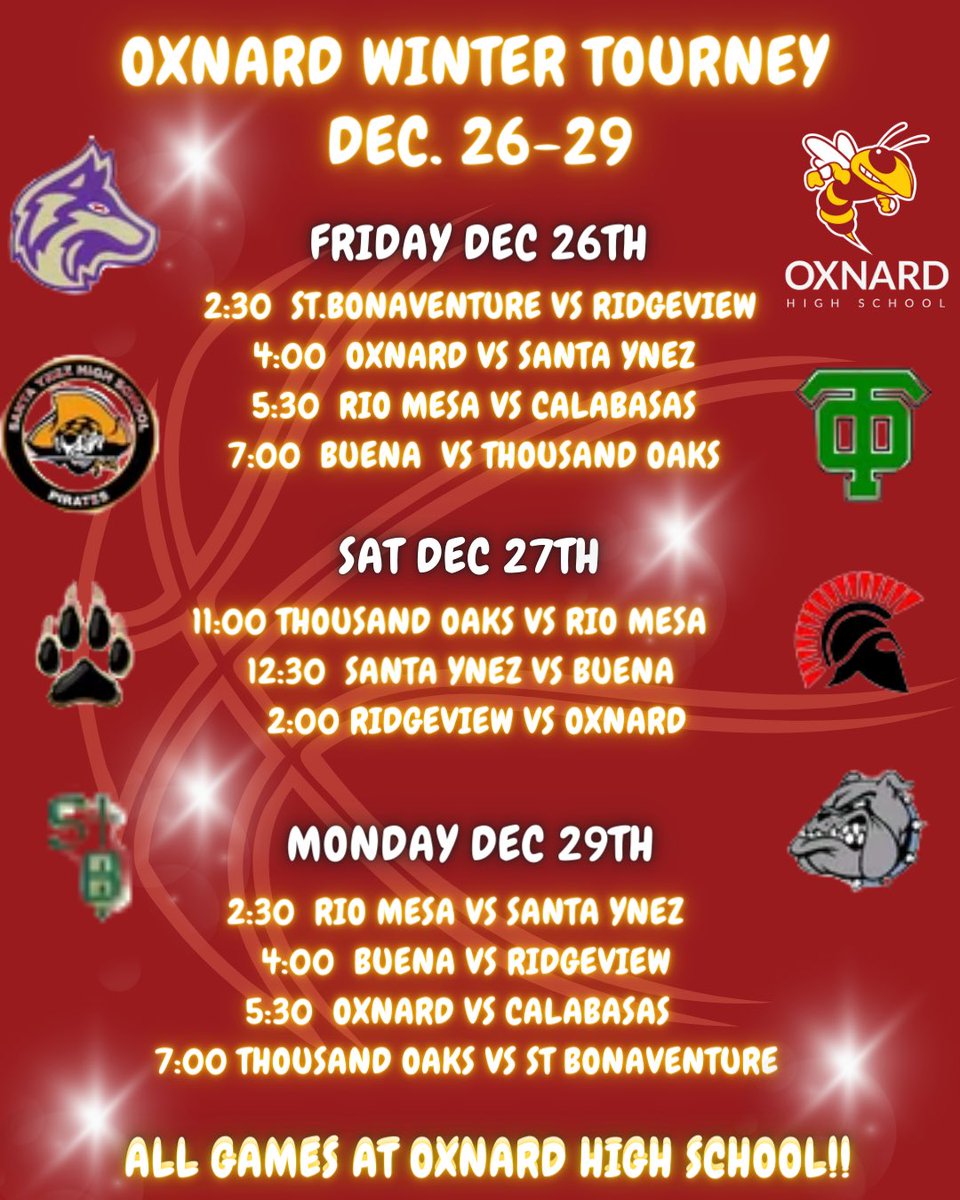 GirlsOxnard's tweet image. OXNARD GIRLS WINTER TOURNAMENT
Starts TODAY!!  Come on out!
@vcspreps @VCSDominic @RioMesabball @Lancers_GBB @CalabasasGBB @CoachDeePinkard @BHS_Gbball1 @SYHS_Athletics @Ridgeview_High
