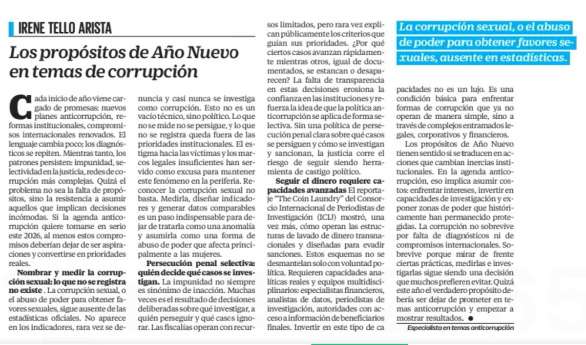 itelloarista's tweet photo. Año nuevo, mismos discursos anticorrupción.

Necesitamos menos promesas y más propuestas para ver cambios:
- Medir corrupción sexual
- Enfrentar persecución penal selectiva
- Invertir en capacidades de investigación
@El_Universal_Mx 
https://t.co/5srU67YVJS 
#corrupción #AñoNuevo https://t.co/KDULey6f50