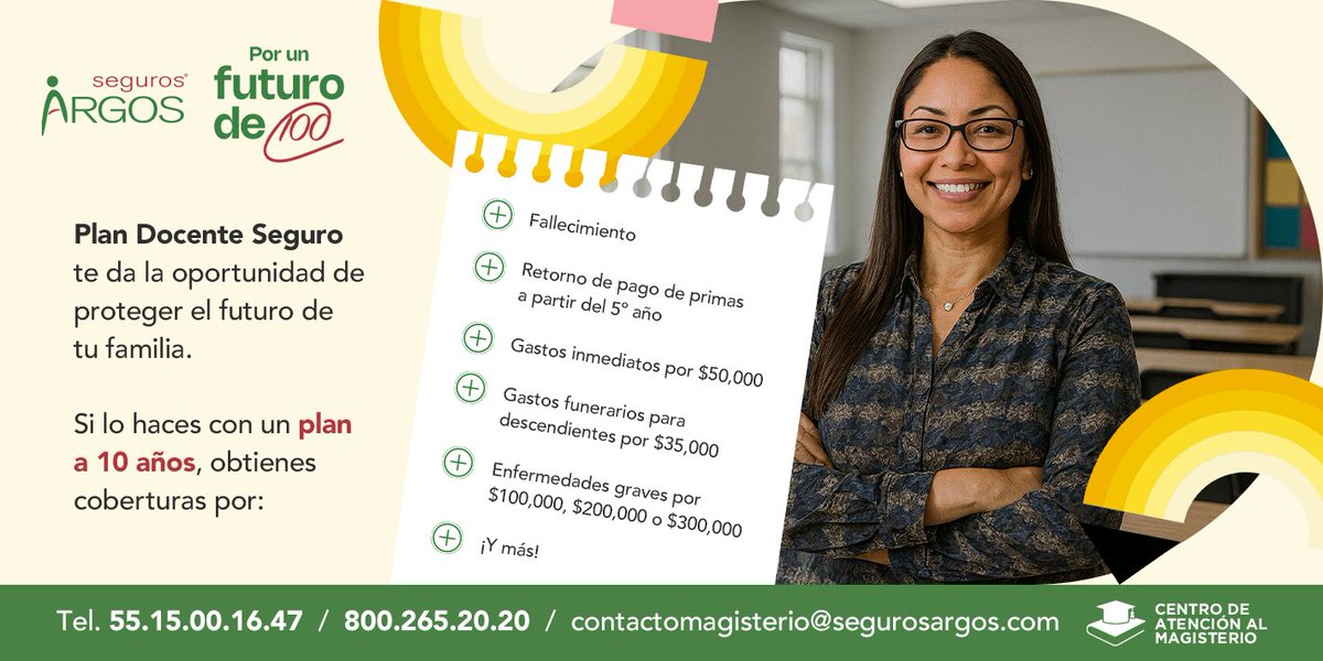 Si eres maestro del #SNTE, Plan Docente Seguro a 10 años está diseñado especialmente para ti y tu familia.
Contáctanos y asegúrate de brindarles un #FuturoDe100.
