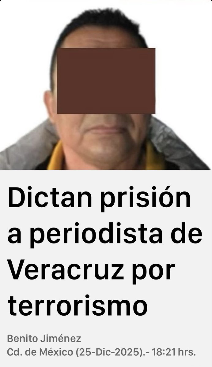 LuisCardenasMx's tweet image. Un coche bomba no es terrorismo.

Publicar un video que incomoda a funcionarios de Veracruz sí lo es.

Solidaridad con el periodista Rafael León Segovia, detenido el 24 de diciembre acusado de”terrorismo”.