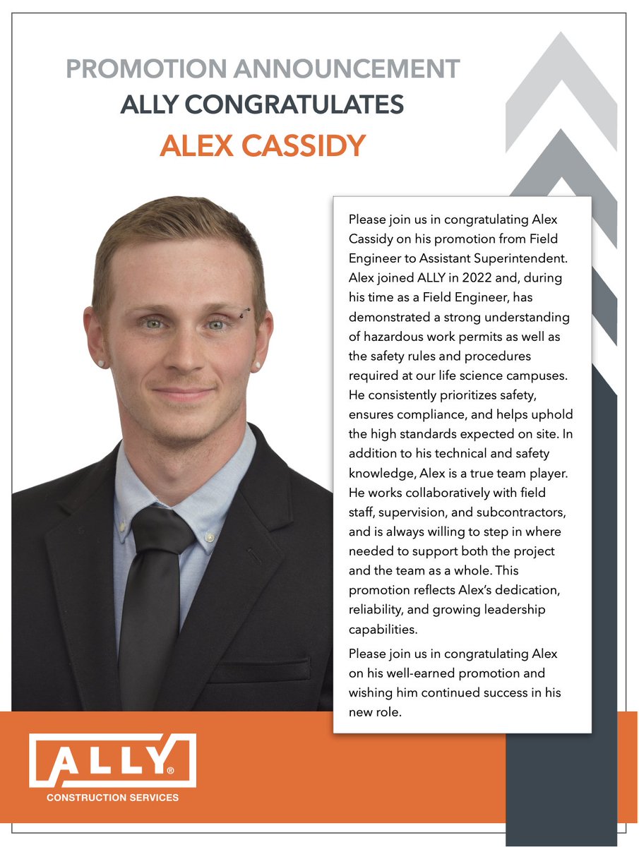 ALLYconstructs's tweet image. Big congratulations to Alex Cassidy on his promotion to Assistant Superintendent! Since joining ALLY in 2022, Alex has shown outstanding commitment to safety, teamwork, and excellence in the field. This well-earned promotion reflects his dedication and reliability. Congrats Alex!