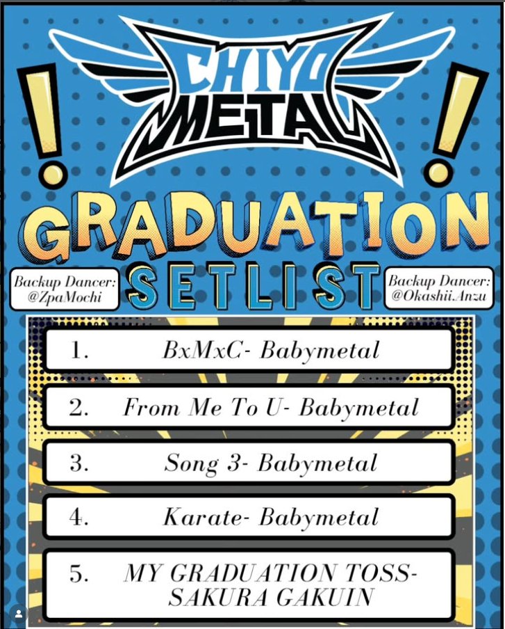Hello everyone!  In case you missed it, <a href="/chiyometaldeath/">𝐂𝐡𝐢𝐲𝐨𝐦𝐞𝐭𝐚𝐥</a>  will be hosting her graduation at Mini Matsuri: Band Night!

🗓 January 24th, 2026
⏰️ 5pm-11pm
📍604 E Dyer Rd Santa Ana, CA 92705 United States

#idol #babymetal #graduation #LAIdolMatsuri