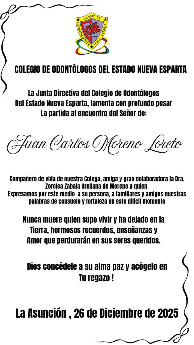 cone2030's tweet photo. Descanso Eterno para nuestro Gran Amigo Juan Carlos Moreno Loreto, compañera de vida de nuestra Colega la Dra. Zorelea Zabala Orellana. https://t.co/ntGWbHUnUI