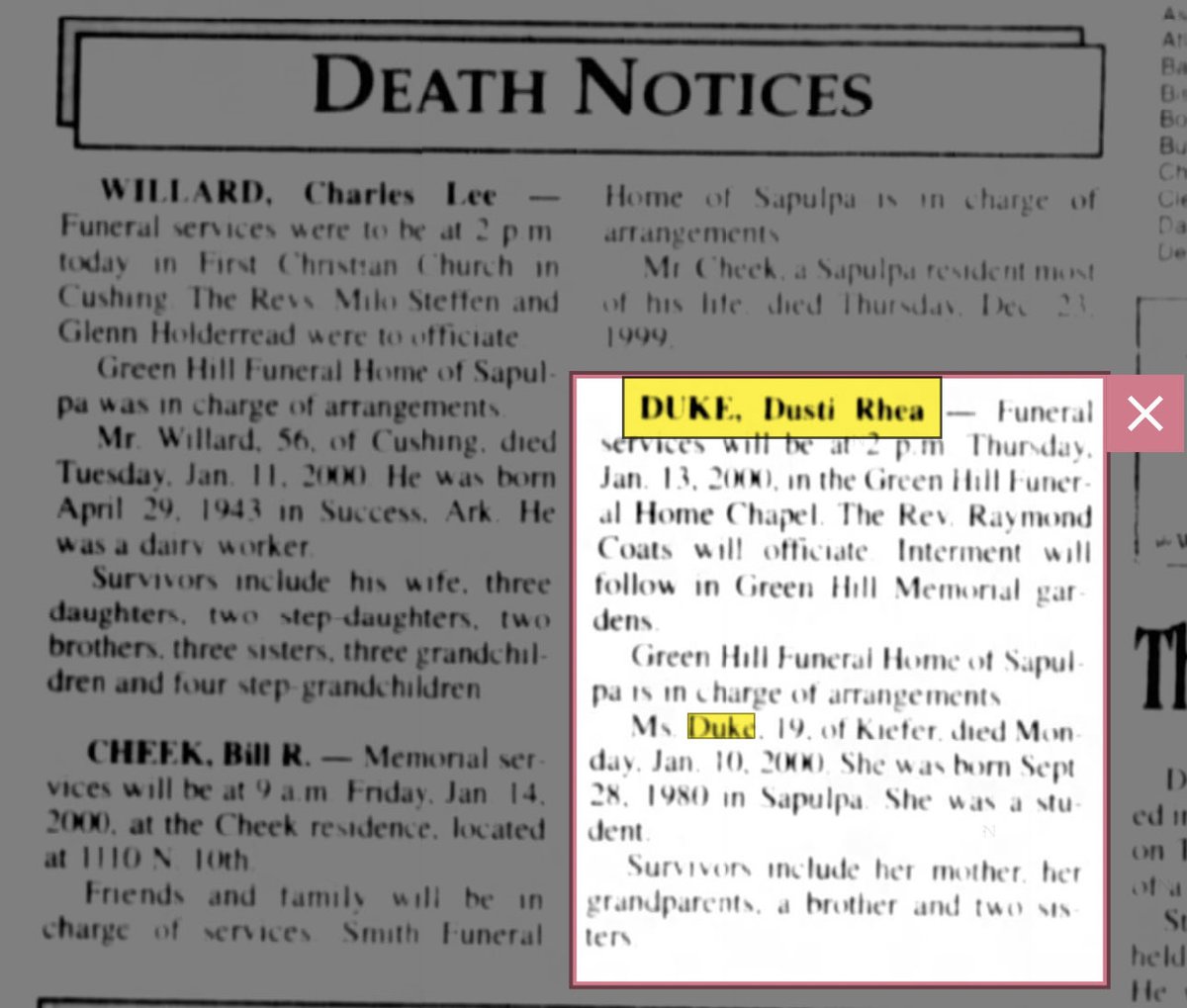 KlonnyPin_Gosch's tweet image. Breaking: The Oklahoman confirmed by way of the state medical examiner that the claims re a “suicided” Epstein / Trump victim alluded to in this redacted FBI tip are consistent with the death of 19 year old student Dusti Rhea Duke in 2000 and I pulled the Death Notice 👀