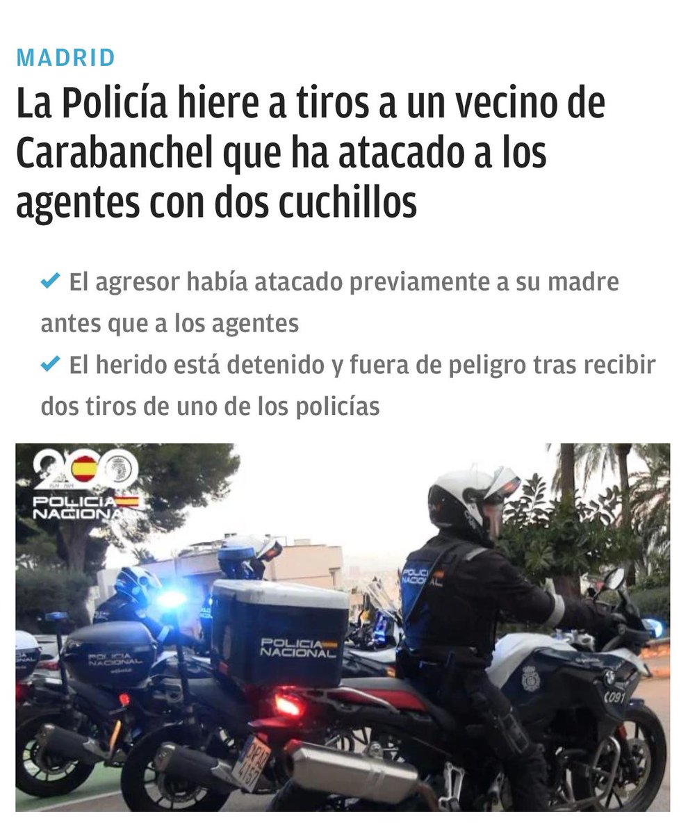 supmadrid's tweet image. 🚨 En Carabanchel nuestro  compañero del #GAC intervino con decisión para proteger a una madre retenida por su hijo armado con dos cuchillos.

🔵 Tras neutralizar la amenaza con disparos no letales, pidió asistencia y estabilizó al agresor aplicándole un torniquete.
#OrgulloSup