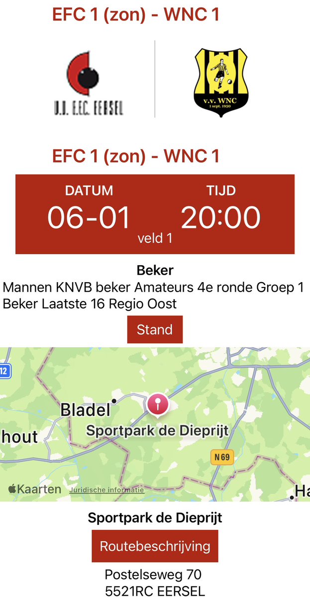 Bekerwedstrijd EFC 1 - WNC 1 is verplaatst naar dinsdag 6 januari om 20.00…..