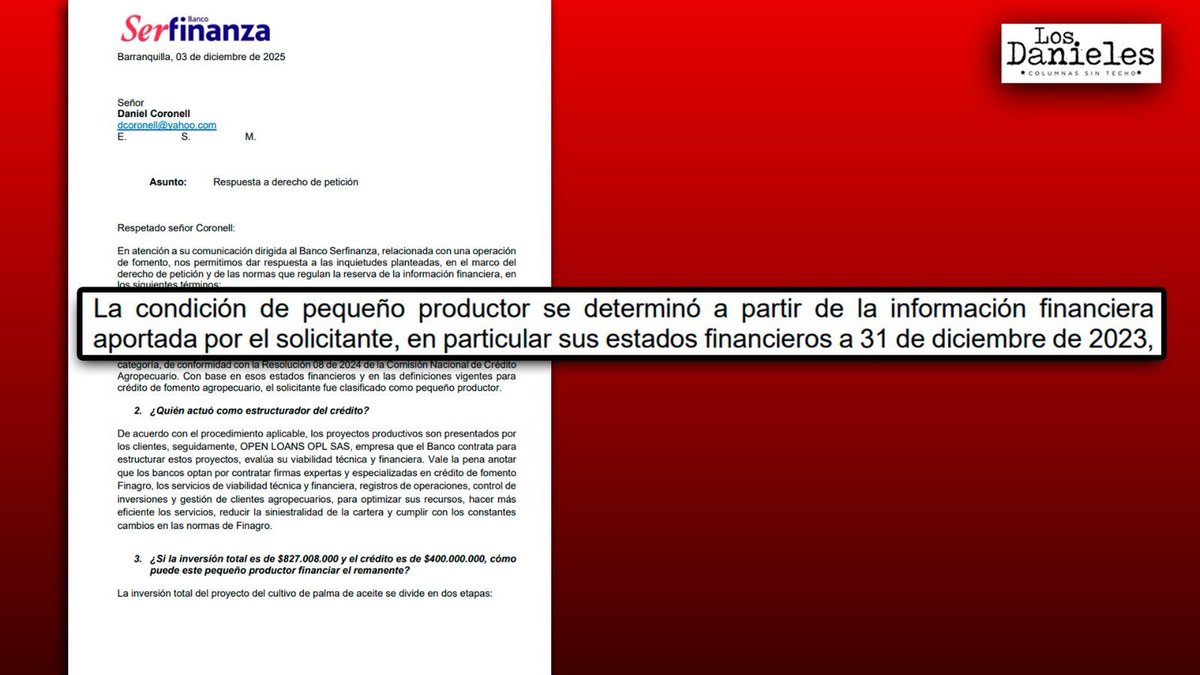 ElizbethCristi7's tweet image. 🚨ATENCIÓN: Esta historia se pone cada vez más interesante y merece toda la atención pública.

El periodista Daniel Coronell reveló, con documentos en mano, cómo presuntamente Juan José Lafaurie Cabal fue presentado como “pequeño productor” para acceder a un crédito con tasa…