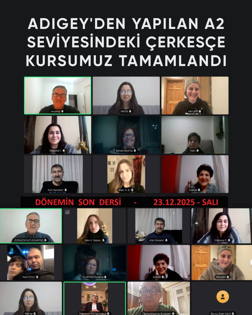 ADIGEY'DEN YAPILAN   A2 SEVİYESİNDEKİ ÇERKESÇE KURSUMUZ TAMAMLANDI
  
Kafkas Dernekleri Federasyonu ile Adığe Cumhuriyeti Çeraşe Tembot Sosyal Bilimler Enstitüsü işbirliği ile 2024 Ekim ayında başlatmış olduğumuz Çerkesçe kursu bir yılı geçen bir sürede A1 ve A2 seviyesinde