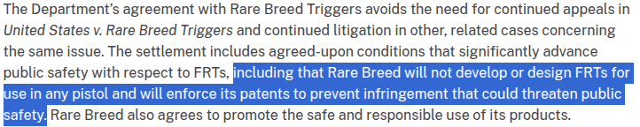 Rare Breed is suing every forced reset trigger company out there right now. Why? Something stinks. It seems that Rare Breed made a deal with the devil (government) that appears to force them to sue all competitors "for public safety". This has turned the internet against RB which