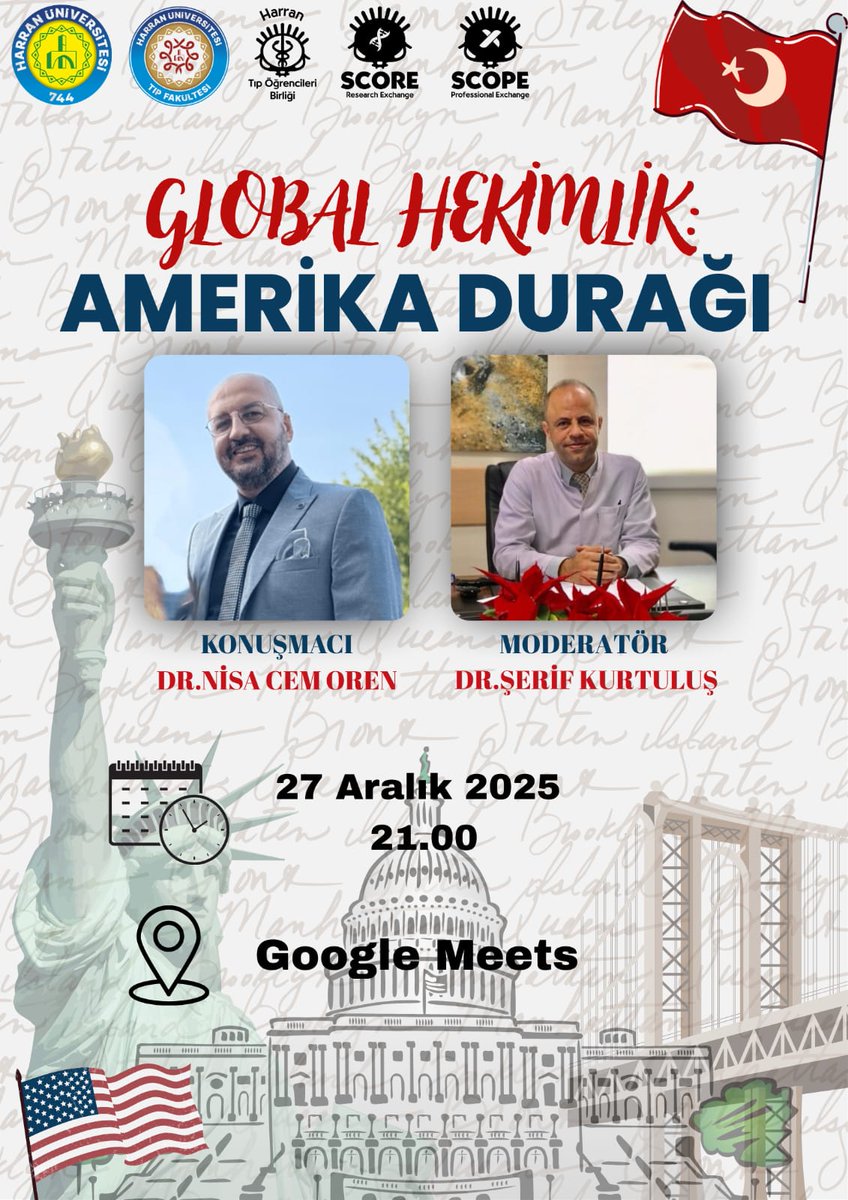🇹🇷
Küreselleşen dünyada hekimliğin sınırlarını, fırsatlarını ve sorumluluklarını birlikte konuşuyoruz.
Global Hekimlik: Amerika Durağı başlıklı bu etkinlikte, uluslararası hekimlik deneyimlerine odaklanacağız.
Konuşmacımız Dr. Nisa Cem Oren