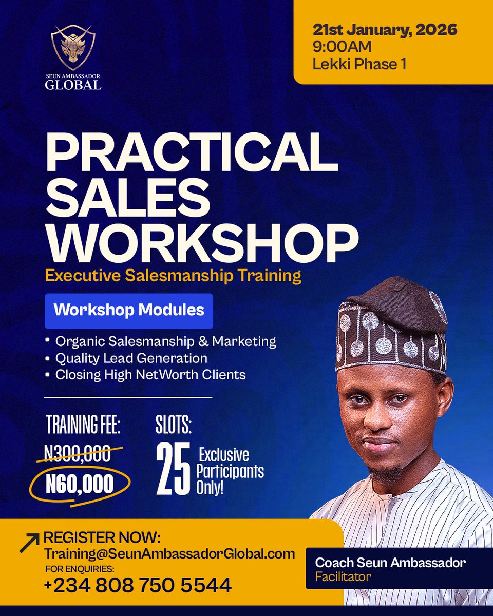 Seun_Ambassador's tweet image. [Register]: Practical Sales Workshop 🎯💪🏿🚀 
wa.me/2348087505544

Registration is on📌
Limited Seats Available 🎯
Reserve Your Seats 🪑 🪑 🪑 

#Sales #Workshop #SalesTraining #Nigerians #CSA