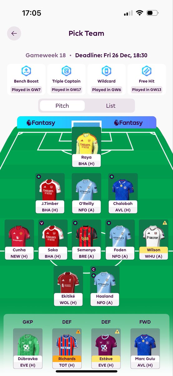 🔐 GW18 team reveal

Bruno &amp; Thiago ➡️ Cunha &amp; Ekitike, 2 FTs

🧢 Haaland

🌎 470k OR

Good luck everyone! #FPL #FPLCommunity