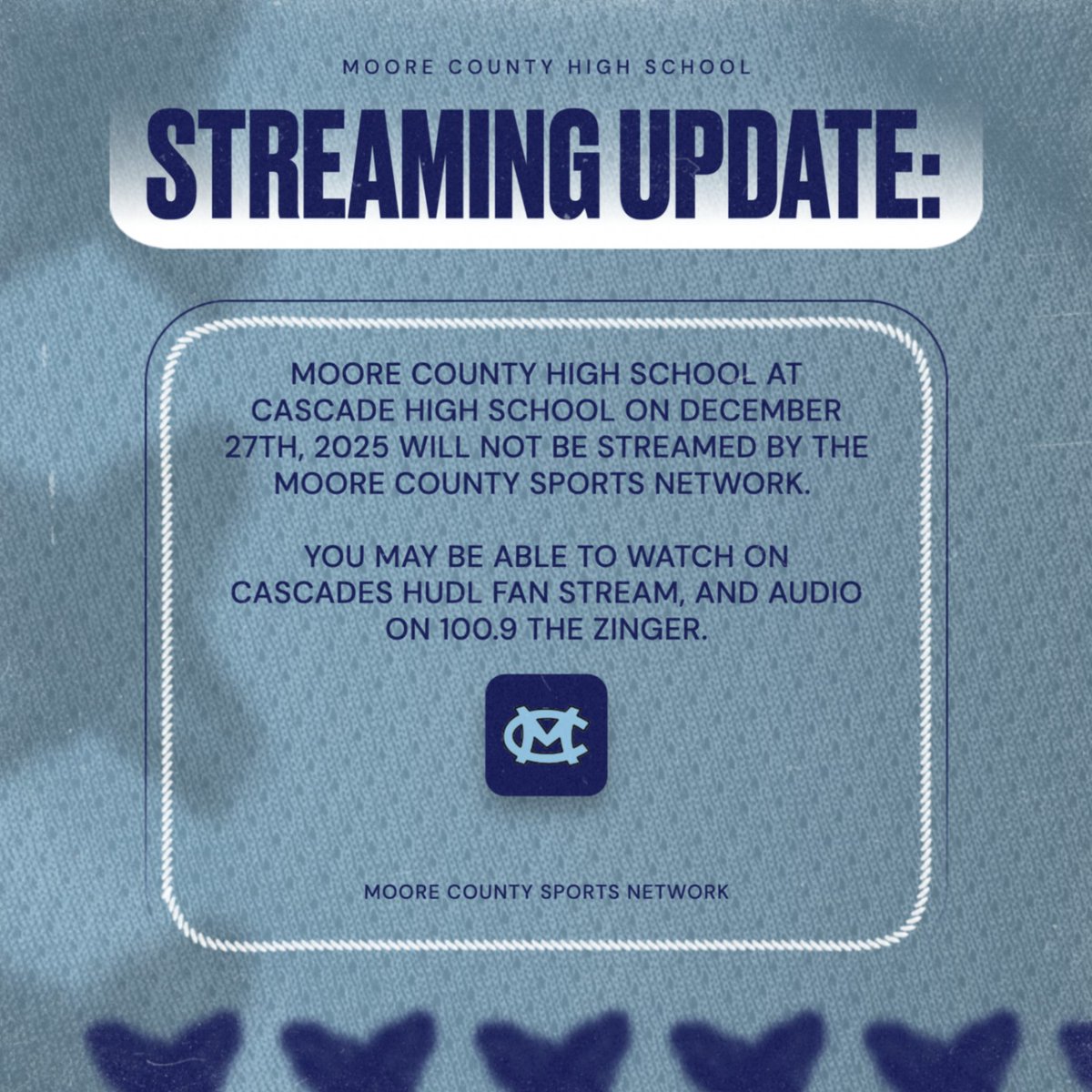 MooreNetwork's tweet image. The Moore County Sports Network will not be streaming the Moore County at Cascade game on December 27th. We stream year-round, so I never ask the students to stream during the Holiday breaks.

Cascade may stream on their Hudl Fan, and audio will be available on 100.9 the Zinger.