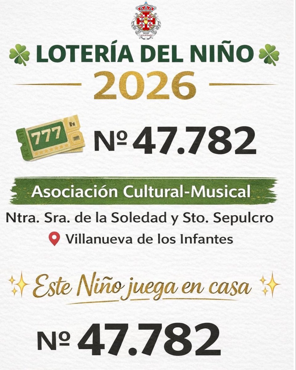 🔴 | 𝐋𝐎𝐓𝐄𝐑𝐈𝐀 𝐃𝐄𝐋 𝐍𝐈𝐍̃𝐎

Participa con nosotros en el Sorteo del Niño del próximo 6 de enero de 2026 con el número 47782.

¡Compra ya tu décimo!

Contacta con cualquier miembro directivo de la Agrupación y en la peluquería de J. Antonio Anula (C/ Quevedo nº6)