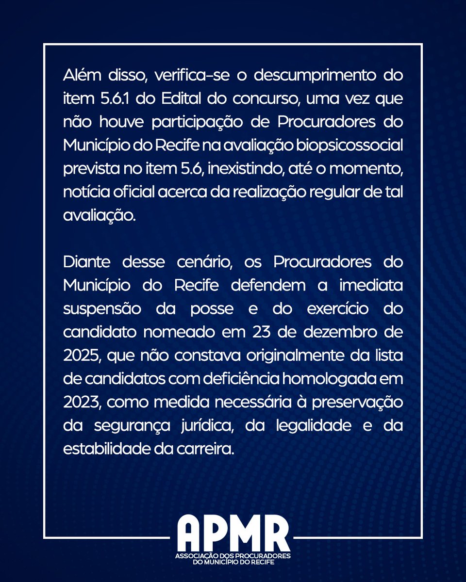 apmrecife's tweet photo. 📌 Nota Pública | AMPR

Procuradores do Município do Recife se opõem à alteração, em 2025, do resultado final do concurso homologado em 2023, com reclassificação tardia na cota PCD. A medida viola edital, isonomia e segurança jurídica. Defendem a suspensão imediata da posse. https://t.co/wj1gcJo1H0