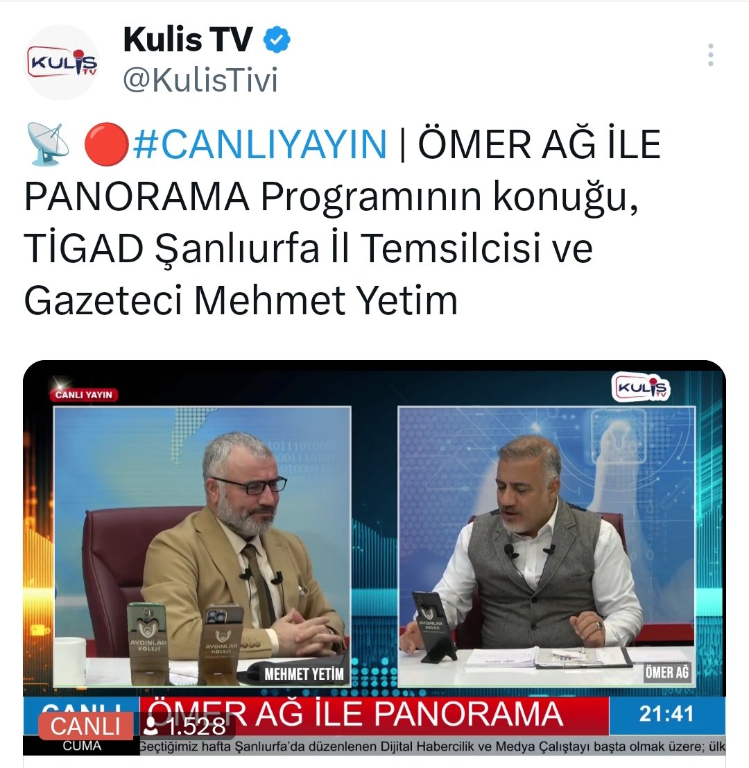 Sizleri takip etmekten keyif alıyoruz @kulistv <a href="/omerag63/">Ömer Ağ</a> abim <a href="/mehmetyetim63/">Mehmet Yetim</a> kardeşim inan çok güzel bir organizasyona imza atmışsınız yansımaları çok güzel olmuş  Tigad başkanı konuştukça metiyeleri ile göksümüz kabardı.Tebrik ediyorum sizleri🙏🙏🙏