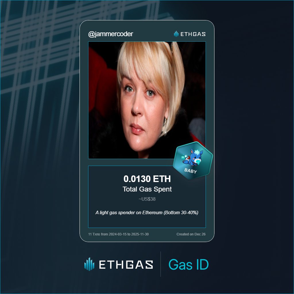 jammercoder's tweet image. Discovered my Gas ID via ETHGas - turning my gas spend into rewards 🫘

As a Baby Jack, I've spent 0.013 ETH on gas but earned 2 Beans back.

Get your Gas ID and Beans here: ethgas.com/community/gas-…