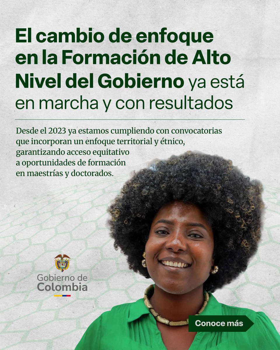 MincienciasCo's tweet photo. 📚 ¡La Formación de Alto Nivel no solo continúa sino que se fortalece en Colombia! Lo que cambia es el enfoque: más acceso, menos barreras y un Estado que asume el costo real de formar doctores y doctoras para el país. 💚🎓

✔️ En 2023, el modelo cambió: mientras #Colfuturo otorgó 71 Créditos-Beca para doctorados, la Convocatoria 933 brindó 309 apoyos económicos directos.
✔️ Destinamos más de $106 mil millones para financiar formación doctoral en Colombia.
✔️ No es un crédito: no genera deuda. El único requisito es graduarse.
✔️ Cada beneficiario puede recibir hasta $388.800.000 para matrícula, sostenimiento e investigación.
✔️ Más mujeres en la ciencia: el 85 % de las personas beneficiarias son mujeres.
✔️ Enfoque incluyente: el 40 % de los apoyos llegó a personas de grupos étnicos.

#ConDignidadCumplimos en el Gobierno del presidente @petrogustavo y en 2026 abriremos una nueva cohorte de doctores. Hablamos con hechos concretos.