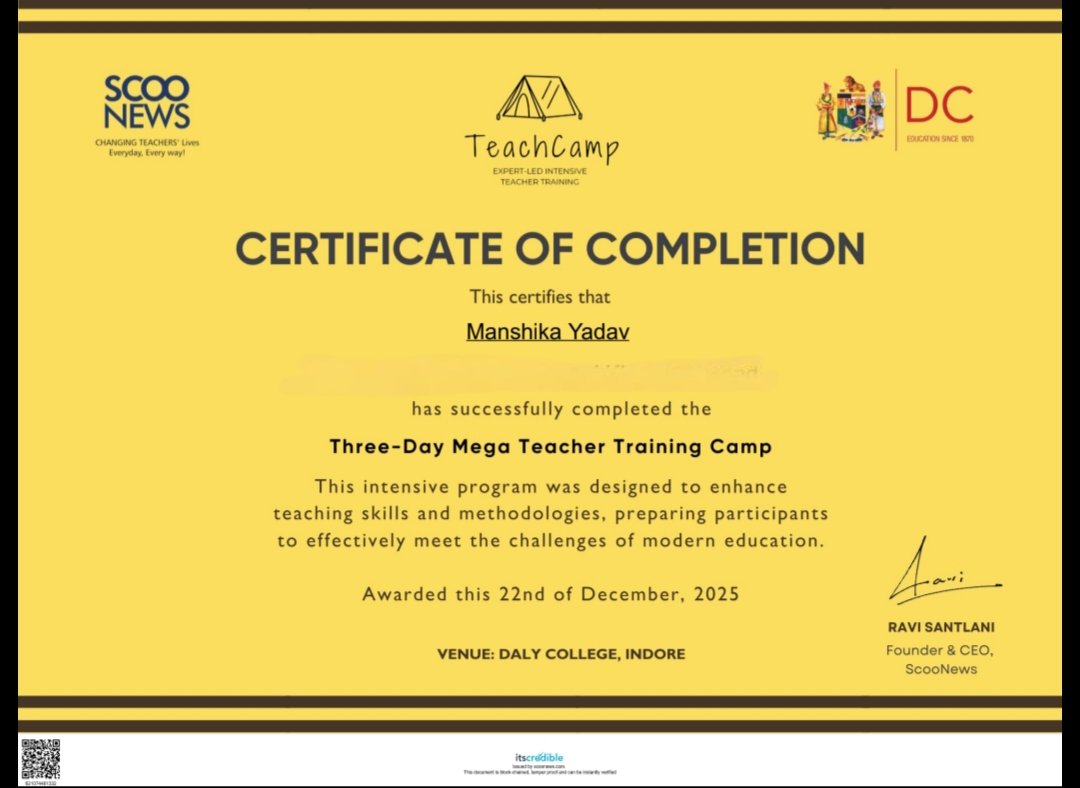 Teaching is a journey of constant learning. 
​I'm happy to share my certificate from the Mega Teacher Training Camp. Investing in skills today so I can empower my students for tomorrow. ​Shoutout to <a href="/santlani/">Ravi Santlani</a>
and <a href="/ScooNews/">ScooNews</a> team for a fantastic program!
​ #LearningNeverStops
