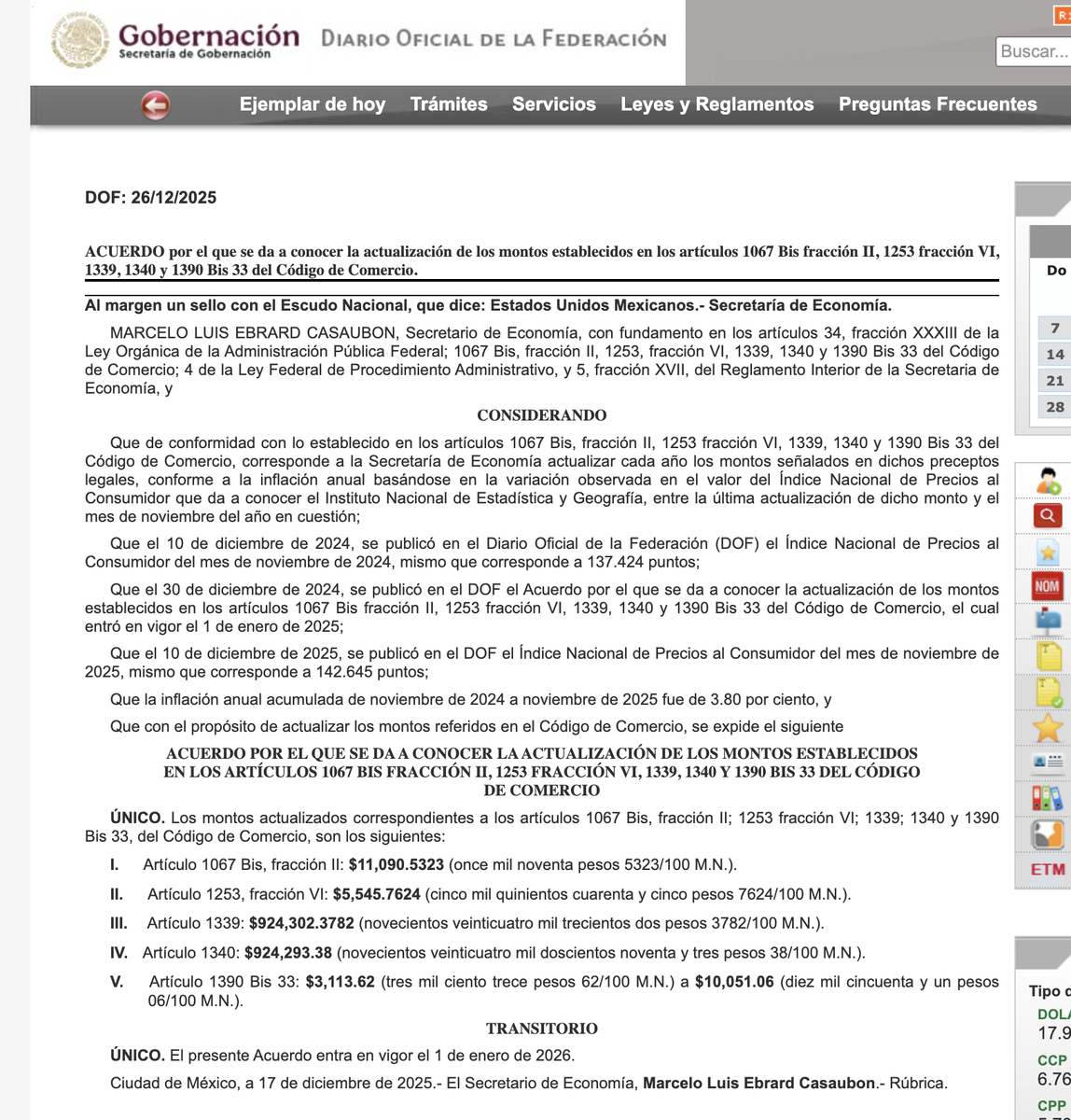 david_nieto01's tweet photo. DOF: 26/12/2025: ACUERDO por el que se da a conocer la actualización de los montos establecidos del Código de Comercio.
I. Artículo 1067 Bis (Medida de apremio-multa)
II. Artículo 1253, fracción VI:  (Multa a peritos)
III. Artículo 1339: (Resoluciones irrecurribles proc y sent menores a "x" monto)
IV. Artículo 1340: (No procede apelación en JM paz o c. menor)
V. Artículo 1390 Bis 33: (Multa por no acudir a audiencia preliminar sin justifi)
Link DOF: https://t.co/fQrDFo3IRH