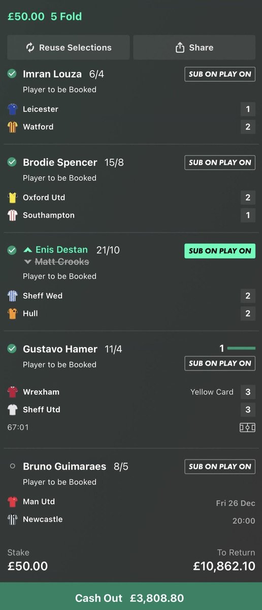 OH MY WORDDD! 👀

MY CASH OUT IS £3,800 TO WIN £10,000 😍

ALL WE NEED IS BRUNO GUIMARAES TO BE BOOKED FOR A 216/1! 🔥

If this wins I'll give £50 to one person who ♥️ this post!

CASH OR STICK? 🤔