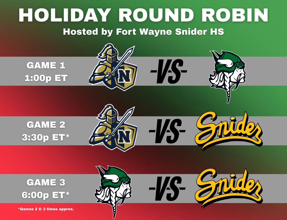AthleticsValpo's tweet photo. GIRLS BASKETBALL🏀 UPDATE!
Noblesville Holiday Tourney will now be a HOLIDAY ROUND ROBIN at Fort Wayne Snider HS.
Lady Vikes take on Norwell at 1p ET and then battle FW Snider at 6p ET  
📍https://t.co/aecAxv3PxI 
🎟️ https://t.co/ecStu6rj0J https://t.co/2zBYR6EFjA