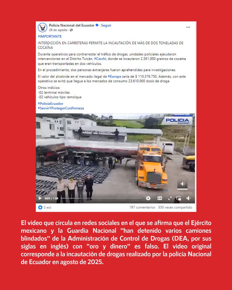 ❌ Falso que el Ejército mexicano detuvo camiones de la DEA con oro y dinero 

✅ El video que circula en redes sociales en el que se afirma que el Ejército mexicano y la Guardia Nacional "han detenido varios camiones blindados" de la Administración de Control de Drogas (DEA, por