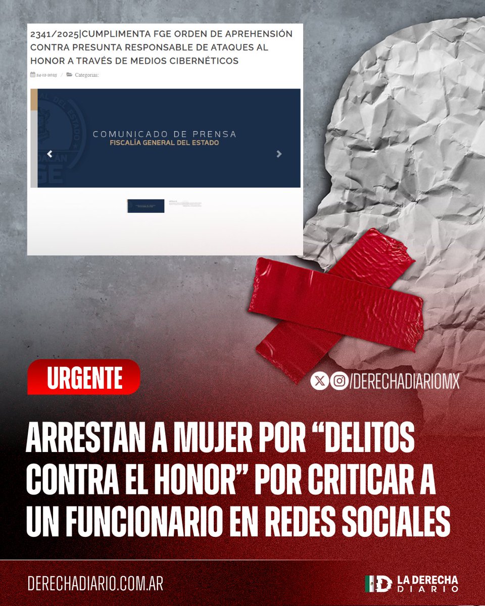 🚨🇲🇽 | #URGENTE AVANZA A GRANDES PASOS LA CENSURA: La Fiscalía de Michoacán detuvo a una mujer acusándola de “ataques al honor por medios cibernéticos” en redes sociales tras criticar a un funcionario público de Nuevo Parangaricutiro.