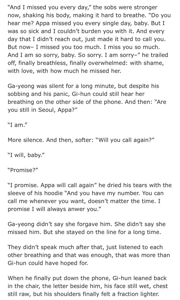 DumbWriter's tweet image. Doing a full rewatch of S2 today and the scene where Gi-hun tries to call his daughter and then just freezes, never fails to make me sob. So here is Gi-hun caring his daughter and being a brave papa from my very first SG fic (A Traitor’s Heart)