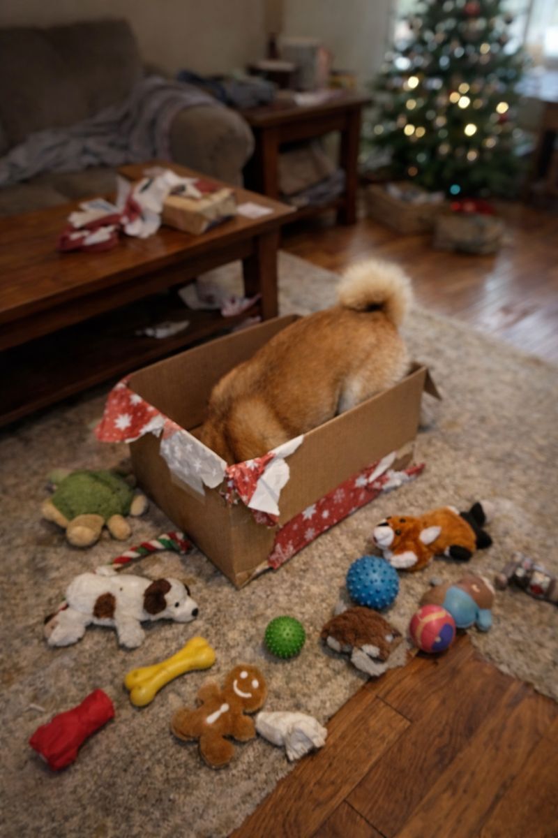 dogecoin's tweet image. POV: you spoil your doge with hundreds of dollars in toys and they’re like… ‘cool. can I have the box?’ Happy #BoxingDay 📦🐶