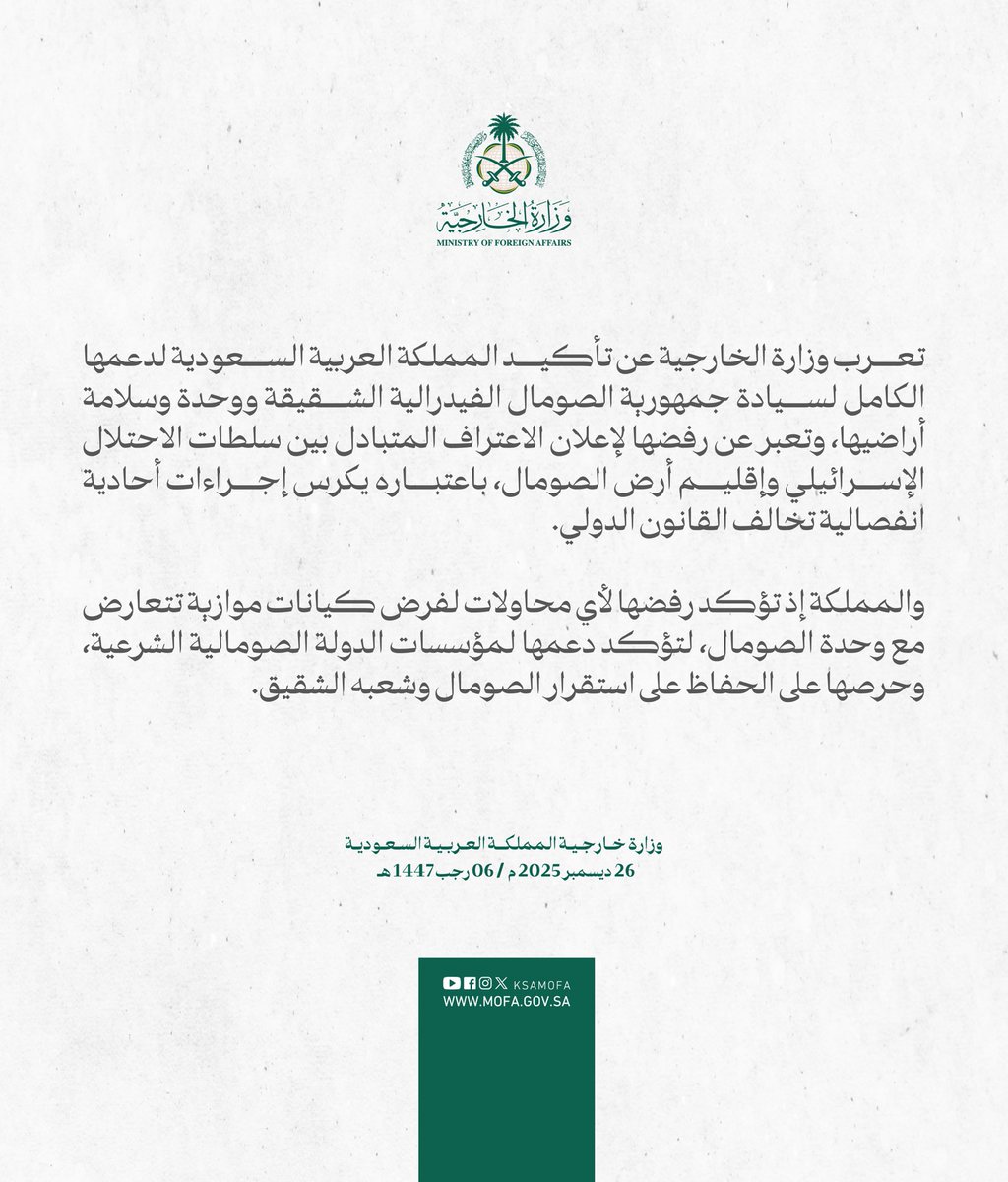KSAMOFA's tweet image. #بيان | تعرب وزارة الخارجية عن تأكيد المملكة العربية السعودية لدعمها الكامل لسيادة جمهورية الصومال الفيدرالية الشقيقة ووحدة وسلامة أراضيها، وتعبر عن رفضها لإعلان الاعتراف المتبادل بين سلطات الاحتلال الإسرائيلي وإقليم أرض الصومال، باعتباره يكرس إجراءات أحادية انفصالية تخالف…