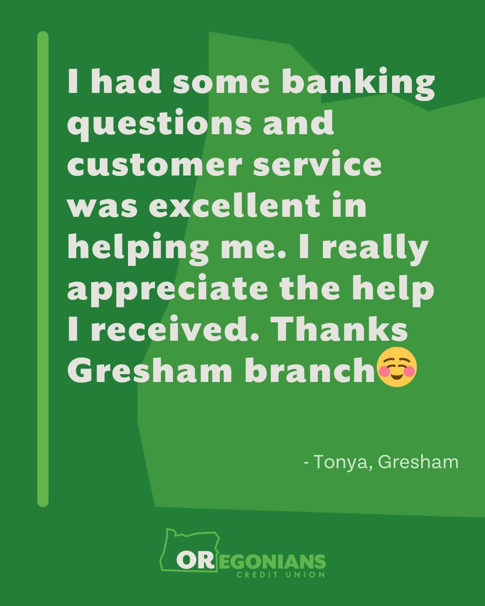 A huge thank you for the 5 stars Tonya!

Want the same great experience? Visit any of our branches or give us a call at 503-239-5336.

#NeighborhoodBanking #oregonianscu #cudifference #5starfriday #customerservice #googlereview