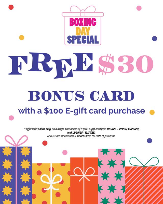 Celebrate Boxing Day with a special deal! Today, if you purchase a $100 e-gift card online, you’ll receive a $30 bonus card! The deal won’t last long, so pick yours up today! 

Angelikafilmcenter.com