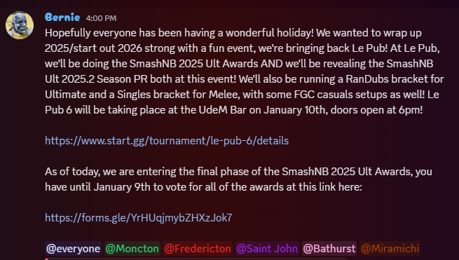 SmashNB's tweet image. Announcement for Le Pub 6 + SmashNB 2025 Ult Awards! StartGG links below!