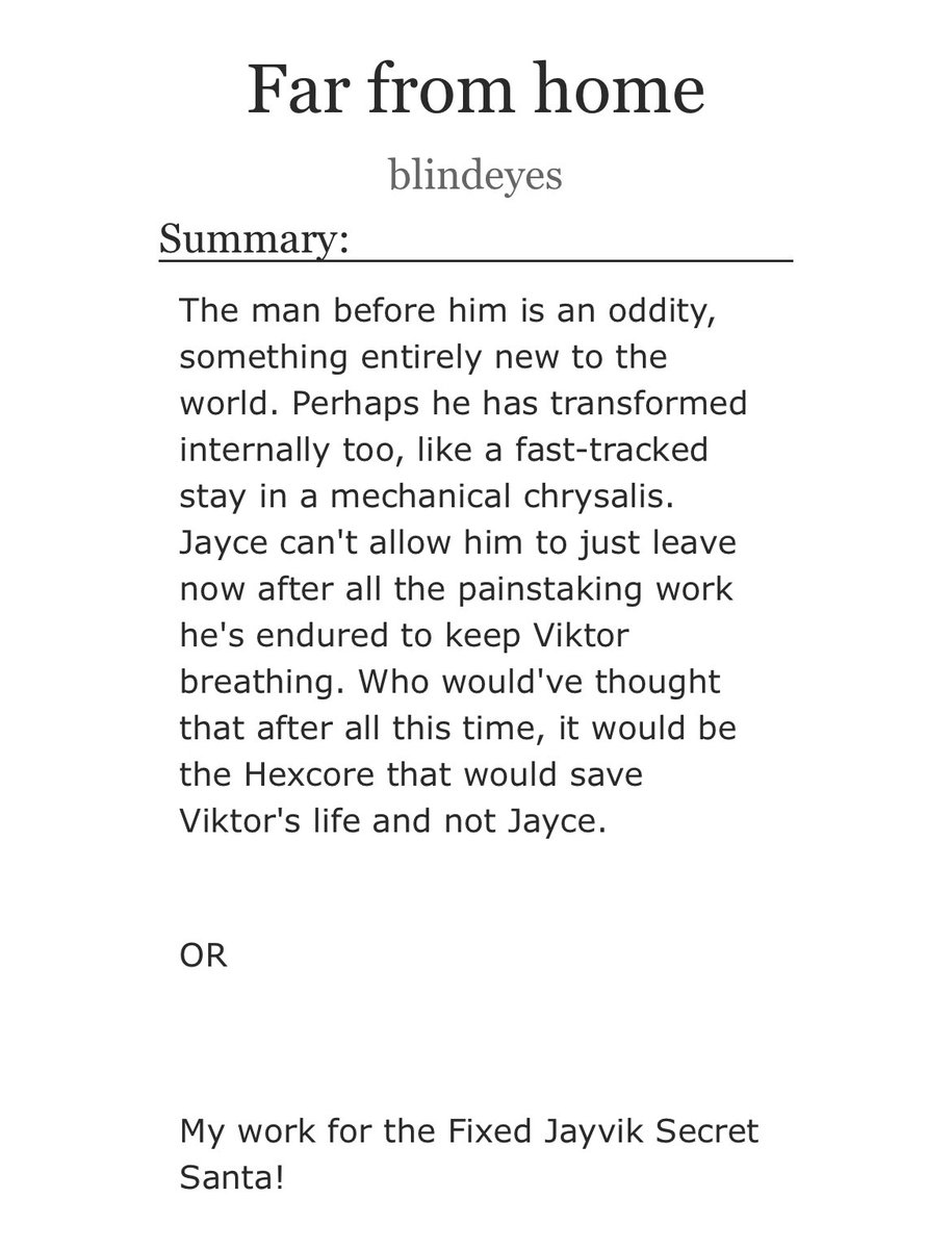 leiqhthal's tweet image. Fixed Jayvik Secret Santa! 

5.7k words
Unhealthy sex/dubcon
Councillor Jayce X commune Viktor

archiveofourown.org/works/76392366