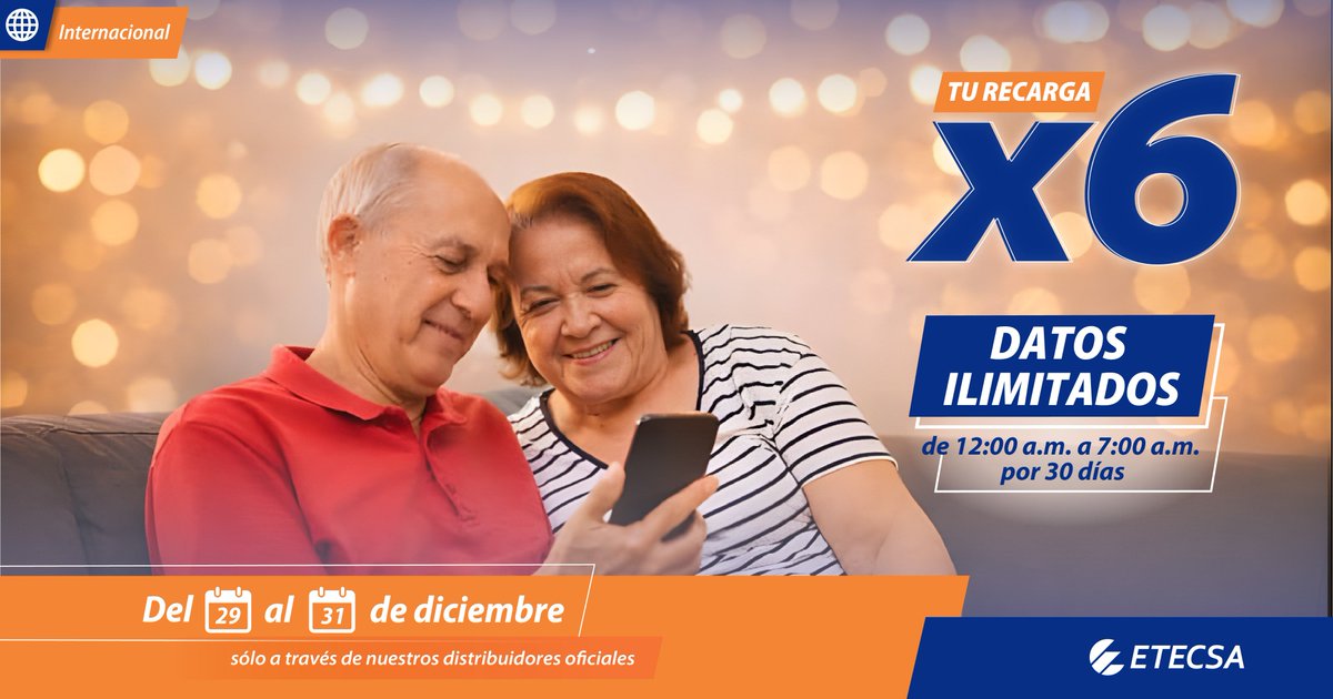 ¡Anota esta fecha y mantente atento a los detalles! Del 29 al 31 de diciembre, si recibes una recarga internacional entre 600CUP y 1250CUP, multiplicas tu saldo por 6 y recibes datos ilimitados de 12:00 a.m. a 7:00 a.m., durante 30 días. Conoce detalles #RecargaInternacional