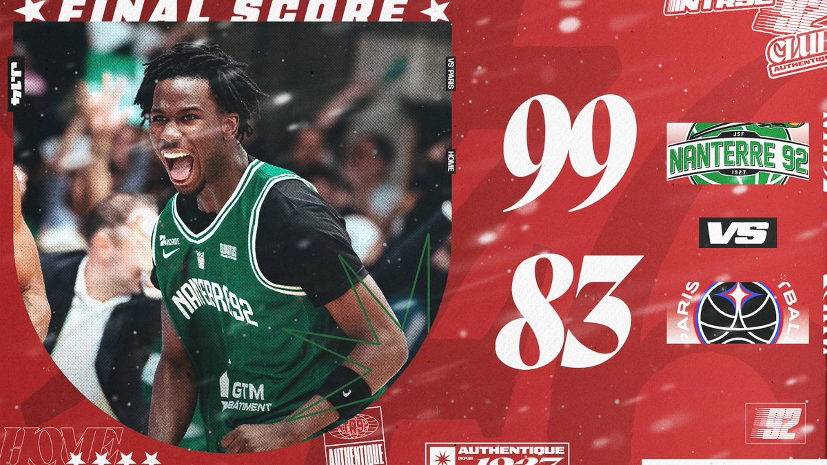 Derby gagné ! 💚
Les nanterriens, poussés par son public en feu, l’emportent ce soir face au <a href="/Paris/">Paris</a> Basketball !
