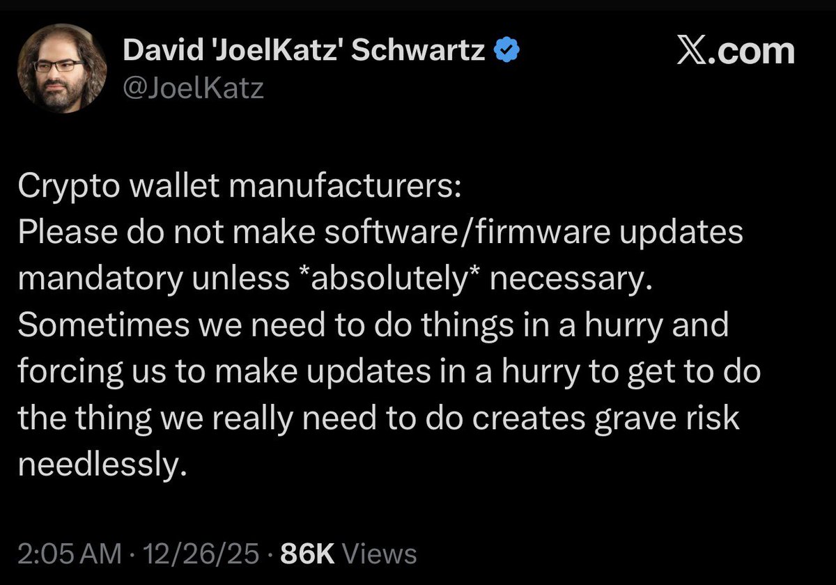 🔔 TODAY: Ripple CTO David Schwartz sends a message to cryptocurrency wallet manufacturers telling them to not make software updates unless necessary.