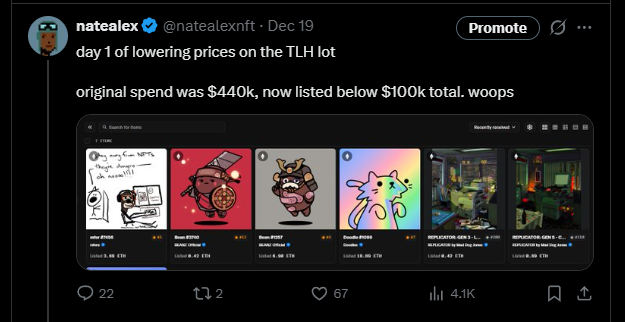 lot has been liquidated. congrats to new owners

mfer7456 - paid $19.8k, sold $11.1k
bean3740 - paid $18.9k,sold $1.3k
bean1257 - paid $189.5k, sold $4.9k💀
doodle1099 - paid $168.4k, sold $50.3k
replicators - paid $40k, sold $1.5k

$436.6k -> $69.1k
$367.5k in losses farmed ✅