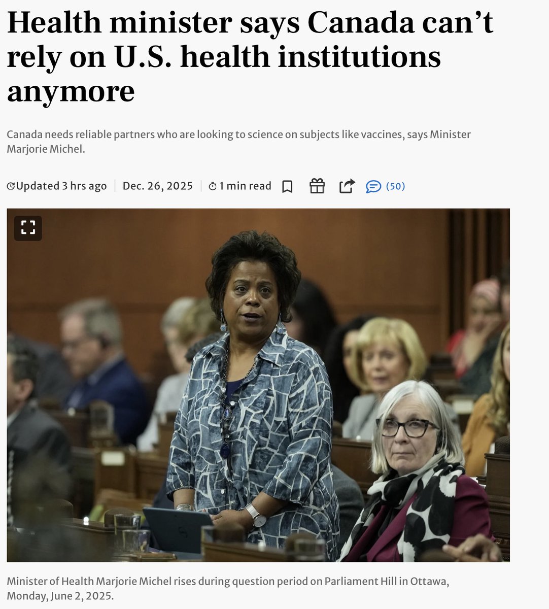 It's profound and sad our Canadian Health Minister must join physicians to state that the health advice from the United States government can no longer be trusted and isn't reliable. 

We have lost a trusted partner in health and science. <a href="/MarjoriePLC/">Marjorie Michel</a> 

thestar.com/news/canada/he…