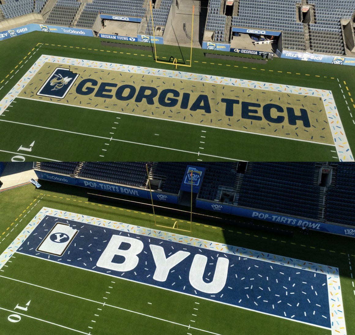 CFBKings's tweet photo. The end zones for Georgia Tech and BYU in the Pop-Tarts Bowl tomorrow 🔥 https://t.co/eiqr7n3y5W