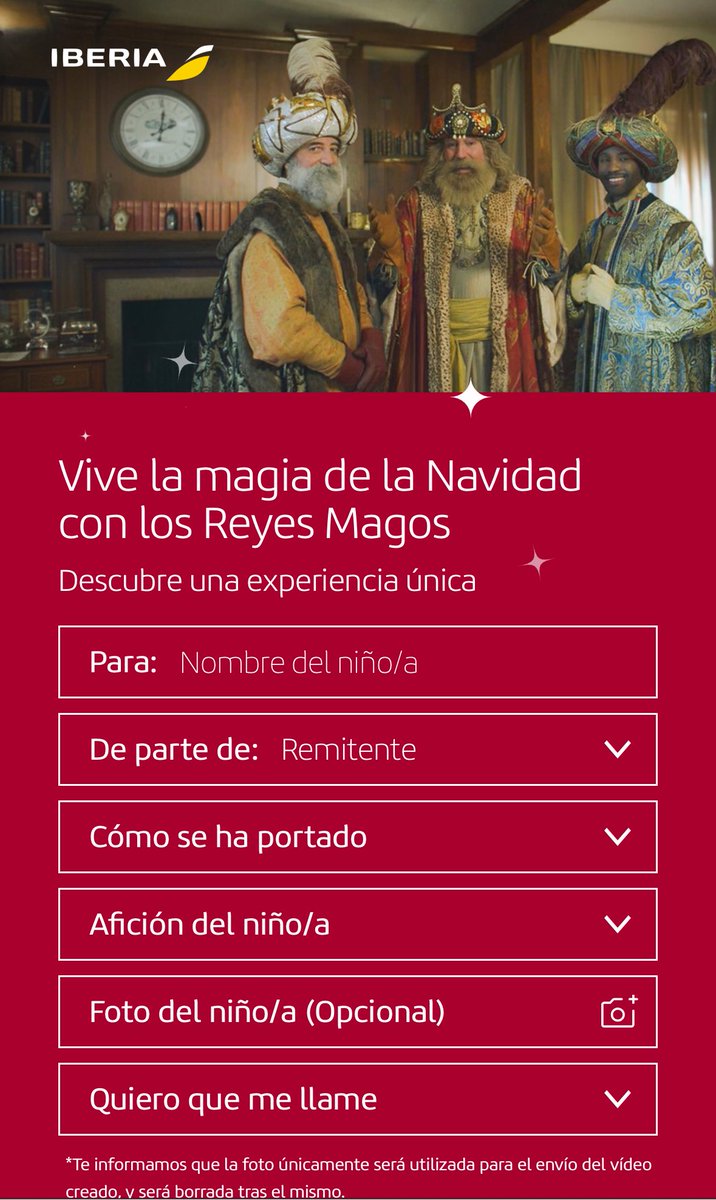 Si queréis que vuestros hijos, sobrinos, nietos o hermanos pequeños flipen un poco, aquí podéis hacer (gratis) que hagan una videollamada personalizada con los mismísimos Reyes Magos 👑👑👑

reyesmagos.iberia.com