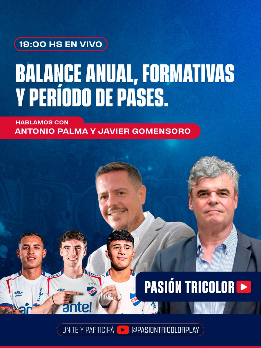 De 18 a 19hs Pasión Tricolor 📻 ((89.3 FM)) App y Web.

 📺  Y desde 19hs #PasiónTricolorPlay junto a los directivos Antonio Palma <a href="/tonybolso/">Antonio Palma #37028</a> y Javier Gomensoro. Balance anual, formativas, período de pases y derechos de tv.

Miranos y participá 📲 youtube.com/@pasiontricolo…